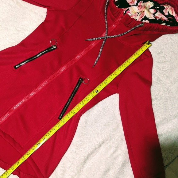 Red Hooded Jacket Long Full Zip Floral Sweatshirt Coat Hood Sm Fitted New - Picture 5 of 8